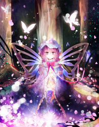 Rule 34 | 1girl, blue eyes, bug, butterfly, butterfly wings, female focus, forest, frills, hat, insect, insect wings, kazu (muchuukai), light particles, nature, outdoors, pink hair, plant, saigyouji yuyuko, sitting, solo, touhou, tree, triangular headpiece, wings