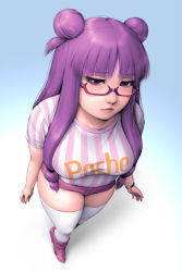 Rule 34 | 1girl, alternate costume, bespectacled, breasts, double bun, from above, glasses, hair bun, highres, large breasts, long hair, looking at viewer, patchouli knowledge, perspective, plump, purple-framed eyewear, purple eyes, purple hair, shirt, short shorts, shorts, solo, striped clothes, striped shirt, thighhighs, touhou, tripleeight, very long hair, white thighhighs