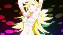 Rule 34 | 10s, 1girl, animated, animated gif, arms up, blonde hair, breasts, dress, earrings, gluteal fold, heart, jewelry, long hair, looking at viewer, lots of jewelry, non-web source, panty &amp; stocking with garterbelt, panty (psg), screencap, solo, stud earrings, very long hair, white dress