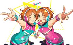 Rule 34 | 2boys, 2wink (ensemble stars!), ;), aoi hinata, aoi yuta, blue nails, branch, brothers, ensemble stars!, green eyes, holding hands, headphones, idol, idol clothes, looking at viewer, male focus, multiple boys, nail polish, one eye closed, open mouth, orange hair, pink nails, siblings, sleeveless, smile, twins, yoruhachi