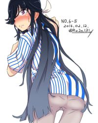 Rule 34 | 10s, 1girl, 2016, alternate costume, ass, black hair, blush, clerk, clothes writing, dated, employee uniform, hair over one eye, hair ribbon, hayashimo (kancolle), kantai collection, lawson, long hair, looking at viewer, looking back, pants, purple eyes, ribbon, ru2n131, shirt, simple background, solo, striped clothes, striped shirt, sweatdrop, twitter username, uniform, vertical-striped clothes, vertical-striped shirt, very long hair, white background, white ribbon