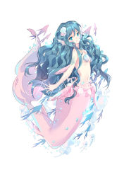 Rule 34 | 1girl, absurdres, air bubble, animal, bare arms, bare shoulders, blue eyes, blue hair, blush, breasts, bubble, fins, fish, full body, gem, hair between eyes, head fins, head tilt, highres, jellyfish, long hair, looking at viewer, looking to the side, medium breasts, mermaid, monster girl, original, pearl (gemstone), sample watermark, scales, seashell, shell, shell bikini, shell hair ornament, simple background, solo, very long hair, watermark, white background, yuzhi