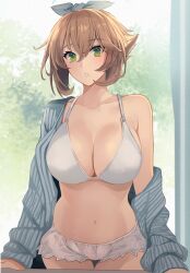 Rule 34 | 1girl, :o, bra, breasts, brown hair, collarbone, commentary, curtains, day, floral print, green eyes, hair ribbon, highres, indoors, kantai collection, kasumi (skchkko), large breasts, lingerie, long sleeves, looking at viewer, mutsu (kancolle), navel, open clothes, open shirt, panties, ribbon, shirt, short hair, smile, solo, striped clothes, striped shirt, tree, underwear, white bra, white panties, window