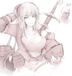 Rule 34 | 1girl, absurdres, anger vein, armor, breastplate, breasts, camisole, closed mouth, commentary, english commentary, gambeson, gauntlets, hand up, helm, helmet, highres, large breasts, long sleeves, looking at viewer, medium hair, monochrome, multiple views, original, oryx.art, partially unzipped, scar, scar on face, simple background, sketch, solo focus, sweat, sword, unworn armor, unworn headwear, unworn helmet, upper body, weapon, weapon on back, zweihander