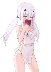 Rule 34 | 1girl, apron, bare shoulders, breasts, brown eyes, chocolate, melusine (fate), fate/grand order, fate (series), forked eyebrows, highres, jilu, long hair, looking at viewer, sidelocks, simple background, small breasts, solo, thighs, twintails, valentine, white background, white hair
