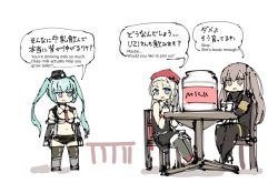 Rule 34 | 3girls, bottle, chair, cup, english text, girls&#039; frontline, highres, micro uzi (girls&#039; frontline), milk, milk bottle, mixed-language text, mp5 (girls&#039; frontline), multilingual, multiple girls, omnisucker, pantyhose, speech bubble, table, thighhighs, ump45 (girls&#039; frontline), white background
