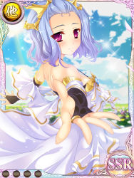 Rule 34 | 1girl, bare back, black gloves, blue hair, bridal gauntlets, card (medium), cloud, crown, day, dress, elbow gloves, from behind, gloves, katagiri hinata, koihime musou, looking back, non-web source, official art, outdoors, outstretched arms, outstretched hand, red eyes, short hair, sky, sleeveless, sleeveless dress, smile, solo, toutaku, white dress