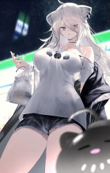 Rule 34 | 1girl, absurdres, ahoge, animal ears, bag, black choker, black jacket, black nails, black shorts, blurry, blurry background, blurry foreground, breasts, choker, cowboy shot, depth of field, ear piercing, from below, grey eyes, hair between eyes, highres, hololive, inumata ichini, jacket, large breasts, lion ears, long hair, looking at viewer, nail polish, open clothes, open jacket, parted lips, piercing, print shirt, shirt, shishiro botan, shishiro botan (casual), short shorts, shorts, single bare shoulder, solo, ssrb (shishiro botan), standing, virtual youtuber, white hair, white shirt