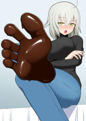 Rule 34 | 1girl, blush, chocolate, denim, fate/grand order, fate (series), feet, foot focus, highres, j-kisarazu, jeanne d&#039;arc alter (fate), jeanne d&#039;arc (fate), jeans, open mouth, pants, short hair, silver hair, soles, solo, toes, yellow eyes