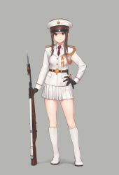 Rule 34 | 1girl, aiguillette, bayonet, belt, belt buckle, black gloves, boots, brown eyes, brown hair, buckle, buttons, closed mouth, collared shirt, commentary request, full body, genso, gloves, grey background, gun, hand on own hip, hat, highres, jacket, knee boots, lapels, long hair, long sleeves, looking at viewer, military, military hat, military uniform, miniskirt, necktie, original, peaked cap, pleated skirt, rifle, shirt, sidelocks, simple background, skirt, smile, solo, standing, uniform, weapon, weapon request, white footwear, white jacket, white skirt