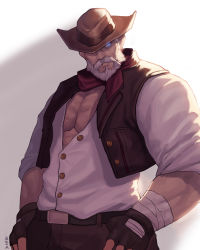 Rule 34 | 1boy, artist request, bara, beard, bell, blue eyes, character request, cowbell, cowboy hat, cowboy western, cropped jacket, cyphers, facial hair, glowing, glowing eyes, hat, highres, jacket, large pectorals, leather, leather jacket, male focus, mature male, muscular, muscular male, mustache, old, old man, pectoral cleavage, pectorals, shirt, short hair, sleeves rolled up, solo, thumb in pocket, white hair, white shirt