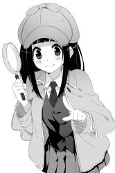 Rule 34 | 10s, 1girl, blunt bangs, blush, cabbie hat, capelet, chitanda eru, closed mouth, deerstalker, detective, greyscale, hat, holding, hyouka, jacket, long hair, looking at viewer, magnifying glass, monochrome, official style, open clothes, open jacket, parsley-f, pleated skirt, pointing, pointing at viewer, sidelocks, simple background, skirt, smile, solo, tareme, upper body, vest