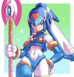 Rule 34 | 1girl, android, blue eyes, bodysuit, breasts, covered navel, cowboy shot, hand on own hip, helmet, highres, holding, holding weapon, kamiyama teten, fairy leviathan (mega man), polearm, mega man (series), mega man zero (series), simple background, small breasts, smile, solo, spear, thighhighs, weapon