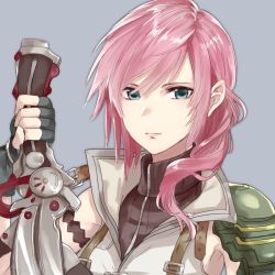 Rule 34 | 1girl, blue eyes, blush, breasts, cape, final fantasy, final fantasy xiii, fingerless gloves, gloves, grey background, haru (nakajou-28), high collar, holding, holding sword, holding weapon, jewelry, lightning farron, long hair, looking at viewer, pink hair, simple background, skirt, smile, solo, swept bangs, sword, weapon, white background