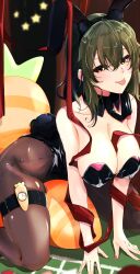 Rule 34 | 1girl, absurdres, animal ears, between breasts, black leotard, black pantyhose, breasts, cleavage, detached collar, green hair, highres, itocoh, kazami yuuka, kneeling, large breasts, leotard, looking at viewer, pantyhose, playboy bunny, rabbit ears, rabbit tail, solo, star (symbol), tail, tongue, tongue out, touhou, yellow eyes