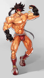 Rule 34 | 1boy, abs, armpit peek, bara, baseball, belt, belt buckle, brown hair, buckle, bulge, fingerless gloves, flexing, full body, gloves, guilty gear, headgear, highres, jockstrap, large pectorals, long hair, male focus, male underwear, muscular, na insoo, navel, nipples, pectorals, ponytail, shiny skin, shoes, simple background, sol badguy, solo, spiked hair, sportswear, tight clothes, topless male, underwear, yellow eyes