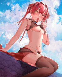 Rule 34 | 1girl, absurdres, bare shoulders, black thighhighs, blue sky, blush, breasts, clothes lift, cloud, cloudy sky, commentary request, cowboy shot, cropped shirt, gin e12, gloves, hair ribbon, heterochromia, highres, hololive, houshou marine, lifted by self, looking at viewer, mouth hold, navel, outdoors, red eyes, red hair, red ribbon, red skirt, ribbon, shirt, shirt lift, sitting, skirt, sky, sleeveless, sleeveless shirt, small breasts, solo, stomach, sweat, thighhighs, twintails, twitter username, underboob, virtual youtuber, white gloves, yellow eyes