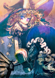 Rule 34 | 1girl, bad id, bad pixiv id, black dress, blonde hair, blue eyes, boots, broom, broom riding, cong1991, cross-laced footwear, curly hair, dress, frilled dress, frills, from below, hat, kirisame marisa, crossed legs, long hair, looking at viewer, night, playing with own hair, shirt, short sleeves, sidesaddle, sitting, sky, smile, solo, star (sky), star (symbol), starry sky, symbol-shaped pupils, texture, touhou, white shirt, witch hat