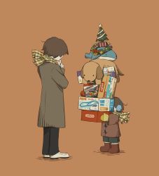 Rule 34 | 2boys, avogado6, black pants, boots, box, brown coat, brown footwear, child, christmas tree, christmas wreath, coat, earmuffs, gift, grey coat, height difference, highres, holding, lego, multiple boys, nintendo, orange background, pants, scarf, shoes, simple background, striped clothes, striped scarf, stuffed animal, stuffed dog, stuffed toy, stuffed whale, thinking, white footwear, wreath