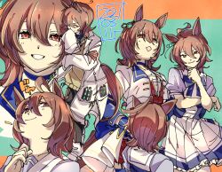 Rule 34 | 1girl, agnes tachyon (umamusume), animal ears, blue bow, bow, brown hair, brown sweater vest, clenched hand, coat, dated, diamond mouth, eyelashes, frilled skirt, frills, grin, hair between eyes, horse ears, horse girl, horse tail, kuga hotaru, lab coat, multiple views, short hair, short sleeves, skirt, sleeves past fingers, sleeves past wrists, smile, sweater vest, tail, test tube, translation request, umamusume, white coat, white skirt