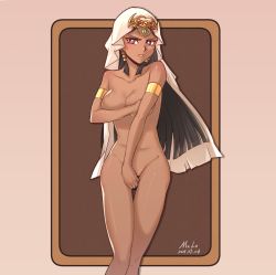 Rule 34 | 1girl, armlet, black hair, blush, breasts, bright pupils, cleavage, dark-skinned female, dark skin, dated, egyptian, feet out of frame, female focus, highres, ishizu ishtar, long hair, looking at viewer, mrlo, nude, open mouth, purple eyes, shadow, signature, solo, third-party edit, white pupils, yu-gi-oh!, yu-gi-oh! duel monsters