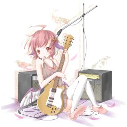 Rule 34 | 1girl, alternate costume, animal ears, earrings, feathers, female focus, giwa, guitar, hair ornament, highres, instrument, jewelry, microphone, microphone stand, mouth hold, mystia lorelei, no headwear, no headwear, pink hair, plectrum, red eyes, short hair, sitting, solo, thighhighs, touhou, white thighhighs, wings