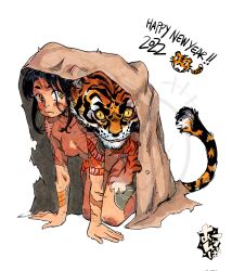 Rule 34 | 1girl, 2022, all fours, allanva, animal, black hair, blanket, breasts, breasts apart, chinese zodiac, happy new year, highres, medium breasts, new year, nipples, nude, orange eyes, original, shadow, solo, tail, tattoo, tiger, tiger tattoo, white background, year of the tiger