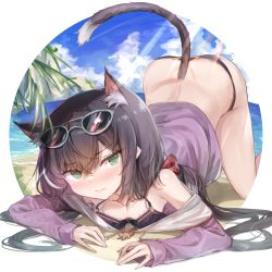 Rule 34 | 1girl, 7gao, animal ear fluff, animal ears, ass, bare shoulders, beach, bikini, black bikini, black hair, breasts, cat ears, cat girl, cat tail, day, eyewear on head, green eyes, highres, jacket, karyl (princess connect!), karyl (summer) (princess connect!), long hair, long sleeves, looking at viewer, low twintails, multicolored hair, no pants, off shoulder, outdoors, princess connect!, purple jacket, small breasts, solo, streaked hair, sunglasses, sunlight, swimsuit, tail, thighs, top-down bottom-up, twintails