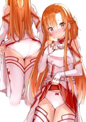 Rule 34 | 1girl, absurdres, aoi komugi, ass, asuna (sao), bare shoulders, blush, bow, bow panties, braid, breasts, brown eyes, brown hair, dress, female focus, gloves, grey background, grey dress, grey gloves, highres, legs together, long hair, looking at viewer, panties, pleated skirt, red skirt, simple background, skirt, small breasts, smile, sword art online, thighhighs, underwear, white panties