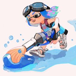 1girl blue_eyes blue_hair full_body holding holding_paintbrush ink_tank_(splatoon) inkbrush_(splatoon) inkling_girl inkling_player_character looking_to_the_side nintendo oversized_object paintbrush solo splatoon_(series) watamoke white_background