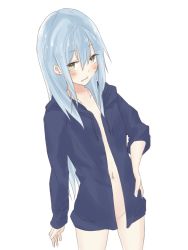 Rule 34 | 1girl, blue jacket, blush, coat, collarbone, cowboy shot, flat chest, fu ku1 437, hair between eyes, hand on own hip, hood, hood down, hooded jacket, jacket, long hair, long sleeves, looking at viewer, naked coat, navel, open clothes, open jacket, other focus, rimuru tempest, silver hair, simple background, sketch, solo, standing, tensei shitara slime datta ken, wavy mouth, white background, yellow eyes