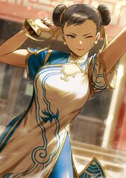 Rule 34 | 1girl, arms up, blue eyes, blue leggings, blurry, blurry background, bracelet, brown hair, capcom, china dress, chinese clothes, chun-li, double bun, dress, earrings, eyeshadow, fagi (kakikaki), hair bun, highres, jewelry, leggings, light particles, looking to the side, makeup, one eye closed, red eyeshadow, red lips, red nails, solo, standing, street fighter, street fighter 6, stretching, sunlight, upper body