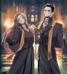 Rule 34 | 1boy, 1girl, black gloves, black hair, black robe, black vest, blue eyes, book, brown hair, commentary, gloves, green eyes, hair slicked back, highres, holding, holding book, jewelry, limbus company, long hair, meursault (project moon), necklace, nyak 138, parted bangs, project moon, robe, rodion (project moon), sash, short hair, symbol-only commentary, turtleneck, very long hair, vest