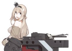 Rule 34 | 10s, 1girl, bad id, bad pixiv id, blonde hair, blue eyes, braid, crown, dress, french braid, gun, hairband, highres, kantai collection, long hair, looking back, machinery, mikoto (oi plus), mini crown, off-shoulder dress, off shoulder, open mouth, solo, warspite (kancolle), weapon, white dress