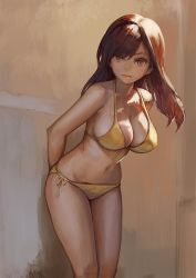 Rule 34 | 1girl, against wall, arms behind back, aro (charged time out), bikini, breasts, brown eyes, brown hair, cleavage, cowboy shot, large breasts, leaning forward, long hair, looking at viewer, navel, original, solo, standing, strap gap, string bikini, swept bangs, swimsuit, yellow bikini