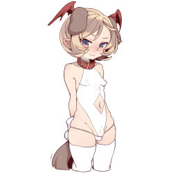 Rule 34 | 1boy, animal ears, arms behind back, bare shoulders, blonde hair, blue eyes, blush, breasts, brown tail, bulge, character request, closed mouth, clothing cutout, collar, copyright request, covered erect nipples, cropped legs, crossdressing, dog ears, gloves, head wings, highleg, highleg swimsuit, jaggy lines, looking at viewer, medium hair, mini wings, navel, navel cutout, omiya (louise-louis-lucille), one-piece swimsuit, pointy ears, shingeki no bahamut, simple background, small breasts, solo, swimsuit, tail, thick thighs, thighhighs, thighs, trap, veight, white background, white gloves, white one-piece swimsuit, wings