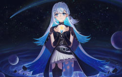 Rule 34 | + +, 1girl, absurdres, another project, asymmetrical legwear, belt, black belt, black bow, black capelet, black thighhighs, blue eyes, blue hair, blue thighhighs, blush, bow, braid, breasts, capelet, chromatic aberration, cleavage cutout, closed mouth, clothing cutout, colored inner hair, crystal, earrings, eyebrows hidden by hair, floating, frills, galaxy, glowing, grey skirt, hair behind ear, hair bow, highres, huge filesize, jewelry, light blue hair, long hair, looking to the side, lucky strike (artist), mismatched legwear, multicolored hair, open hands, planet, rola (vtuber), shooting star, skirt, sky, small breasts, smile, solo, space, star (sky), starry sky, streaked hair, striped, striped bow, thighhighs, very long hair, virtual youtuber, water, white hair, white skirt, wrist cuffs