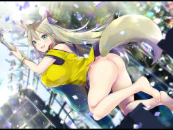 Rule 34 | 1girl, :d, animal ear fluff, animal ears, ass, barefoot, bass guitar, blush, bottomless, breasts, confetti, day, ear piercing, extra ears, fox ears, fox tail, full body, green eyes, hair between eyes, headphones, headphones around neck, huge breasts, instrument, long hair, looking at viewer, miyano ururu, naked shirt, no panties, open mouth, original, outdoors, piercing, shirt, smile, solo, stage, tail