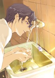 Rule 34 | 1boy, absurdres, dog tags, highres, jiukuzi18797, male focus, marius von hagen (tears of themis), open mouth, purple eyes, purple hair, shirt, short hair, sink, sleeves rolled up, solo, tears of themis, tile wall, tiles, water, wet, white shirt