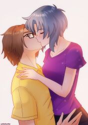 Rule 34 | absurdres, blue eyes, blue hair, brown hair, chie rumiko, commission, couple, glasses, hand on another&#039;s hip, hand on another&#039;s shoulder, highres, higurashi no naku koro ni, irie kyousuke, kiss, non-web source, simple background