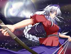 Rule 34 | 1girl, bow (weapon), braid, breasts, campbell (pixiv), campbell gichou, female focus, hat, highres, long hair, moon, outdoors, purple eyes, silver hair, sky, solo, star (sky), starry sky, touhou, weapon, yagokoro eirin