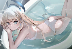 Rule 34 | 1girl, absurdres, ass, bathing, bathtub, bikini, blonde hair, blue archive, blue eyes, breasts, closed mouth, halo, highres, long hair, looking at viewer, lying, noa9noaa, on stomach, partially submerged, small breasts, solo, swimsuit, toki (blue archive), very long hair, water, white bikini