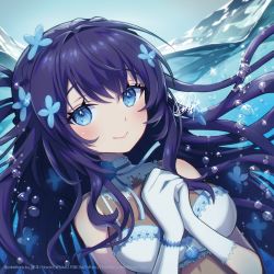 Rule 34 | 1girl, artist name, bare shoulders, blue eyes, blue theme, breasts, bubble, eyebrows hidden by hair, flower, gloves, hair flower, hair ornament, halterneck, halterneck, highres, long hair, looking at viewer, medium breasts, naoto (yandereheaven), neck ribbon, original, own hands together, purple hair, ribbon, see-through, signature, smile, solo, twitter username, underwater, water, white gloves