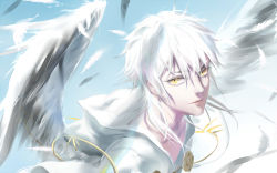 Rule 34 | 10s, 1boy, angel wings, blue background, blue sky, closed mouth, commentary request, day, feathered wings, highres, hood, hoodie, looking at viewer, looking to the side, male focus, qidai, sky, smile, solo, touken ranbu, white hair, white hoodie, white wings, wings, yellow eyes