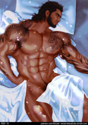 Rule 34 | 1boy, abs, bad id, bad tumblr id, bara, beard, bed sheet, bird tattoo, black eyes, black hair, covered penis, cowboy shot, dark-skinned male, dark skin, facial hair, final fantasy, final fantasy xv, from above, gladiolus amicitia, highres, large pectorals, light particles, light smile, looking at viewer, lying, male focus, male pubic hair, medium hair, muscular, muscular male, mustache stubble, naked sheet, navel, navel hair, on back, on bed, pectorals, profile, pubic hair, pubic hair peek, randombaradude, shoulder tattoo, solo, stubble, tattoo, thick beard, thick eyebrows