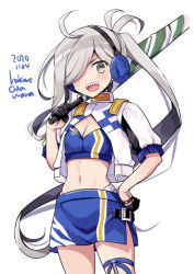 Rule 34 | 1girl, ahoge, asashimo (kancolle), bandeau, blue bandeau, cosplay, cowboy shot, dated, gloves, gotland (kancolle), gotland (kancolle) (cosplay), grey eyes, hair over one eye, holding, holding umbrella, kantai collection, long hair, navel, odawara hakone, one-hour drawing challenge, open mouth, ponytail, race queen, sharp teeth, short sleeves, silver hair, simple background, skirt, solo, teeth, thigh strap, twitter username, umbrella, white background
