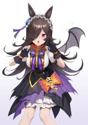 Rule 34 | 1girl, animal ears, artist name, bat wings, black gloves, bow, bowtie, breasts, brooch, brown hair, claw pose, collared shirt, feet out of frame, frilled hairband, frills, gloves, gradient background, hair over one eye, hairband, halloween costume, hands up, high-waist skirt, highres, horse ears, horse girl, jewelry, long hair, looking at viewer, medium breasts, official alternate costume, one eye covered, open mouth, pre (preecho), puffy short sleeves, puffy sleeves, purple eyes, rice shower (make up vampire!) (umamusume), rice shower (umamusume), shirt, shirt tucked in, short sleeves, single wing, skirt, solo, standing, umamusume, wings
