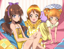 Rule 34 | 10s, 3girls, amanogawa kirara, bare shoulders, blush, brown eyes, brown hair, color connection, crossover, dokidoki! precure, double bun, dress, earrings, eyelashes, go! princess precure, hair bun, hair ornament, hair ribbon, happinesscharge precure!, happy, haru (nature life), jewelry, long hair, looking at viewer, multiple girls, oomori yuuko, open mouth, orange eyes, orange hair, precure, purple eyes, purple ribbon, ribbon, shirt, short hair, single hair bun, sitting, sleepwear, smile, star (symbol), star earrings, striped, striped background, twintails, underwear, yellow dress, yellow shirt, yellow theme, yotsuba alice