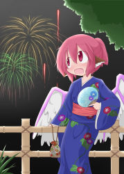 Rule 34 | 1girl, aerial fireworks, alternate hairstyle, animal ears, bag, bamboo fence, blush, hand fan, female focus, fence, fireworks, gokei, highres, japanese clothes, kimono, mystia lorelei, night, open mouth, pink eyes, pink hair, ponytail, short hair, solo, touhou, wings