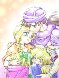 Rule 34 | 2boys, 2girls, armlet, bianca (dq5), black hair, blonde hair, blue cape, blue eyes, blush, bow, bracelet, braid, cape, cloak, closed eyes, closed mouth, commentary request, dragon quest, dragon quest v, dress, earrings, family, father and daughter, father and son, green bow, green dress, hair bow, hand on another&#039;s head, happy tears, hero&#039;s daughter (dq5), hero&#039;s son (dq5), hero (dq5), hug, husband and wife, jewelry, long hair, low ponytail, mother and daughter, mother and son, multiple boys, multiple girls, neck ring, nyozomi, open mouth, orange cape, pink cape, purple cloak, short hair, siblings, single braid, smile, spiked hair, tears, turban, twins, upper body, white tunic